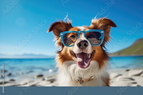 Smiling dog wearing sunglasses on the beach, Summer travel concept. © visoot