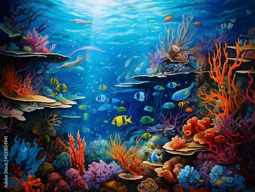 Wall art depicting a breathtaking underwater world teeming with majestic sea turtles and marine life generative ai © tanjidvect