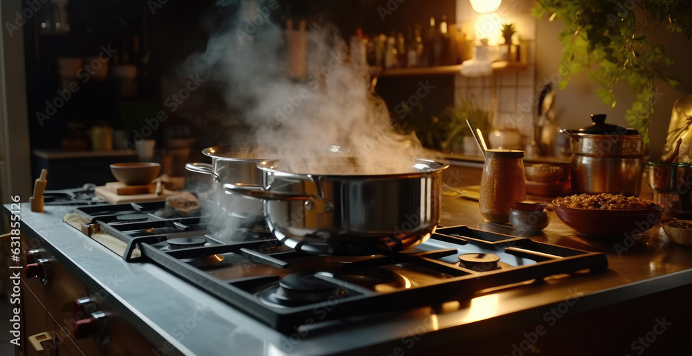 Boiling water in the pot on the stove in a modern kitchen, Water Boiling on a Gas Stove, Stainless pot. Boiling water in the pot on the stove in a modern kitchen, Water Boiling on a Gas Stove, Stainless pot.