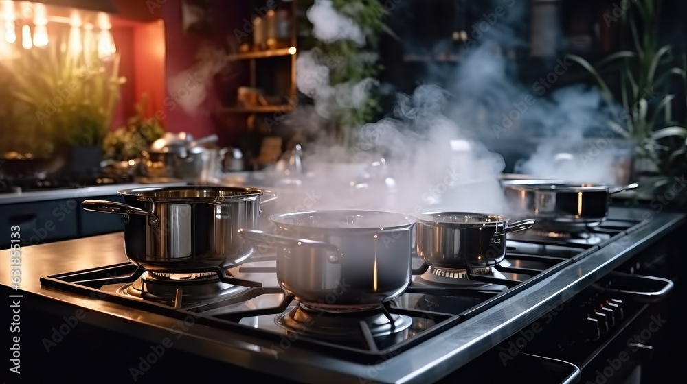 Steaming and boiling pan of water on heating stove in modern kitchen, Water Boiling Stainless pot on a gas.