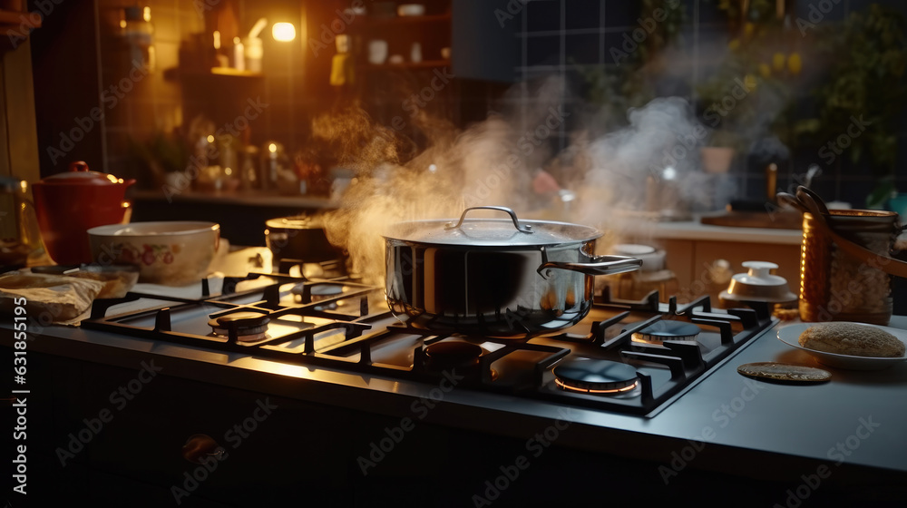 Boiling water in the pot on the stove in a modern kitchen, Water Boiling on a Gas Stove, Stainless pot. Boiling water in the pot on the stove in a modern kitchen, Water Boiling on a Gas Stove, Stainless pot.