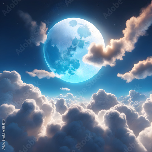 Beautiful cloudscape. Night sky with full moon. View above a Huge fluffy clouds. Fantastic wallpaper. Natural landscape.