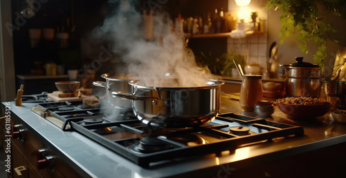 Boiling water in the pot on the stove in a modern kitchen, Water Boiling on a Gas Stove, Stainless pot.