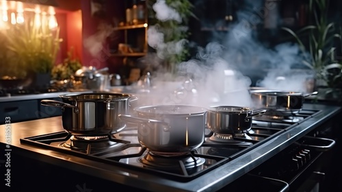 Steaming and boiling pan of water on heating stove in modern kitchen, Water Boiling Stainless pot on a gas.