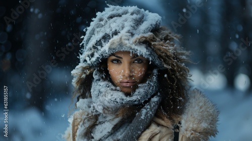 Portrait of a beautiful fictional black woman wearing winter clothes in the snow. Generative AI.