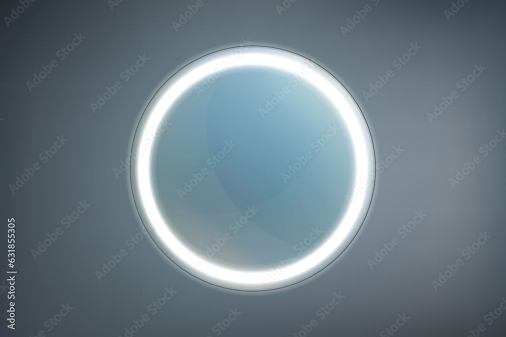Round bathroom or vanity mirror with white LED backlit on a dark background. Trendy interior design object without reflection. Modern backlight imitating a solar eclipse Round bathroom or vanity mirror with white LED backlit on a dark background. Trendy interior design object without reflection. Modern backlight imitating a solar eclipse