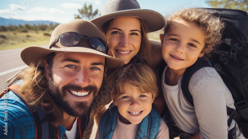 Happy family taking selfie on a trip. Created with Generative AI technology.
