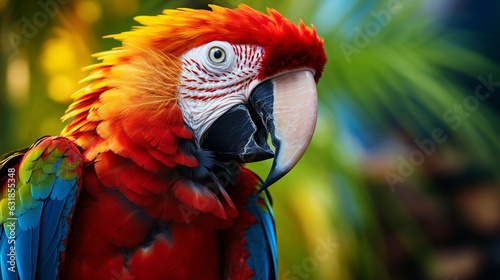 Colorful portrait of Amazon red macaw parrot against jungle. Side view of wild ara parrot head on green background. Wildlife and rainforest exotic tropical birds as popular pet breeds