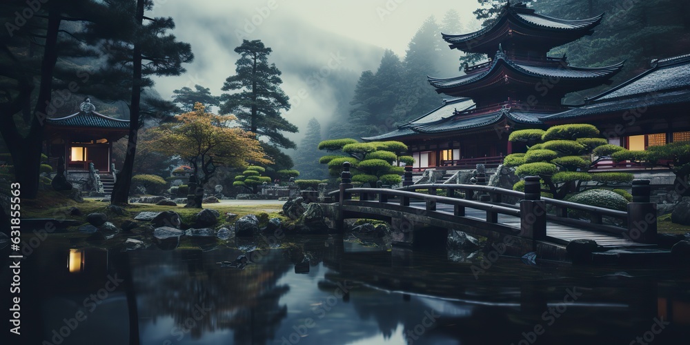 AI Generated. AI Generative. Traditional history asian Japanese Chinese temple building tower garden nature outdoor background. Vacation trip travel culture