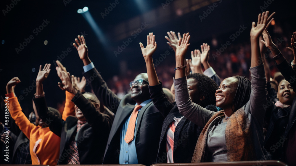 Fototapeta premium Attendees worshipping together with uplifted hands, Church Conference, banner Generative AI