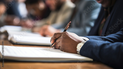 Close-up of a participant taking notes during a workshop, Church Conference, banner Generative AI