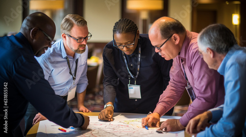 Church leaders engaged in a collaborative planning session, Church Conference, banner Generative AI