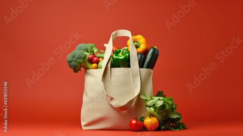 Eco bag full of vegetables and greens on red background. Created with Generative AI technology. © MP Studio