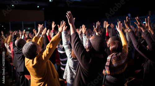 Attendees worshipping together with uplifted hands, Church Conference, banner Generative AI