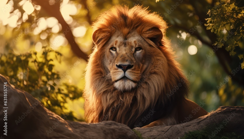 Fototapeta premium Photo of a majestic lion resting on a vibrant green forest