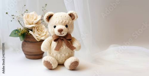 A knitted crochet teddy bear present with a brown bow and a flower pot with white roses against a soft white background with copy space for text - Generative AI