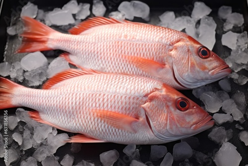 Two raw red tilapia fish on ice, Top view.