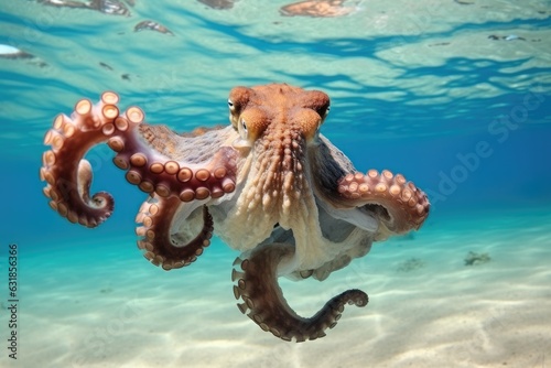 Octopus swimming underwater in a blue ocean.