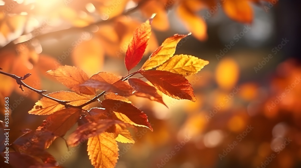 Beautiful autumn leaves in sunlight. Nature background with bokeh effect