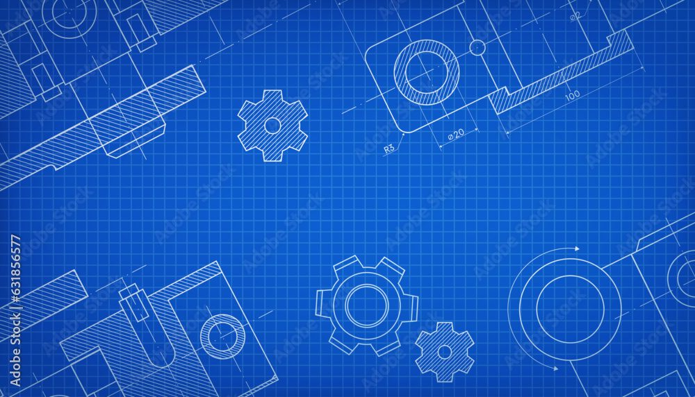 Technical drawing on a gradient background. Abstract schemes, drawings, technologies, machines. Mechanical Engineering drawing. Vector
