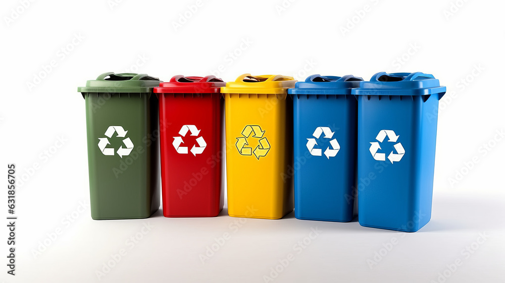 photograph of Yellow, Green, Blue and Red recycle bins with recycle symbol isolated on white background generative ai photograph of Yellow, Green, Blue and Red recycle bins with recycle symbol isolated on white background generative ai
