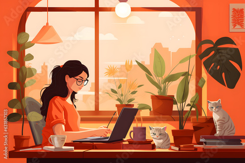 Woman working laptop at home vector art illustration 