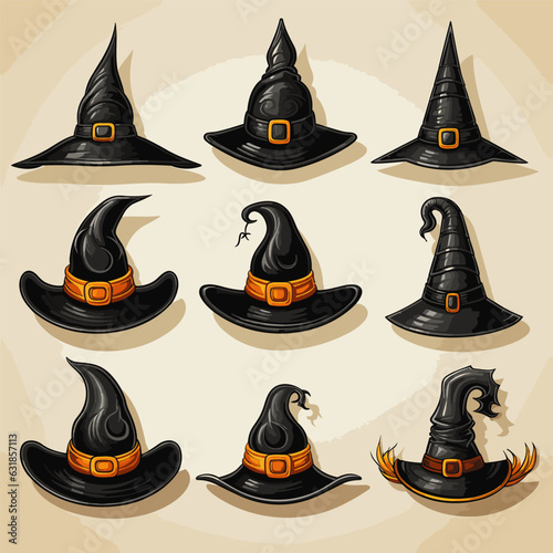 set of various witch hats, halloween ornament icons and stickers
