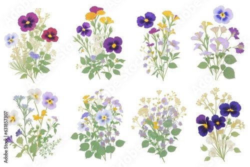 Dried flowers of pansies and wildflowers in bouquets isolated on a white background. Stylized Dried summer flowers herbarium, top view. 