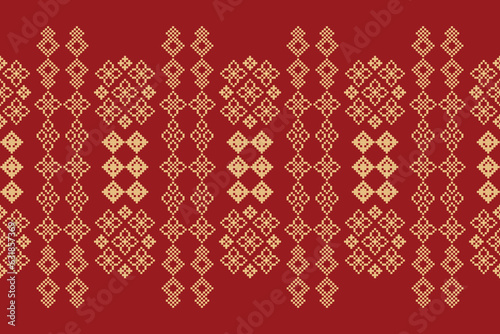 Ethnic geometric fabric pattern Cross Stitch.Ikat embroidery Ethnic oriental Pixel pattern red background. Abstract,vector,illustration. Texture,clothing,frame,decoration,motifs,silk wallpaper.