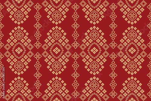 Ethnic geometric fabric pattern Cross Stitch.Ikat embroidery Ethnic oriental Pixel pattern red background. Abstract,vector,illustration. Texture,clothing,frame,decoration,motifs,silk wallpaper.
