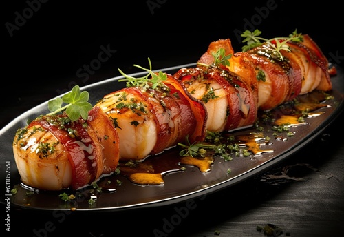 Bacon wrapped scallops on a plate isolated on black background