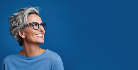 Happy Middle Aged Woman on a Blue Background with Space for Copy