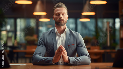 Young businessman does yoga at work in the office. Created with Generative AI technology.