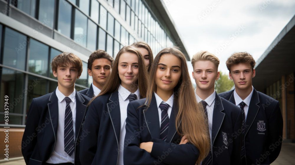 Group of private school students stand outside in uniform in front of the school building. Created with Generative AI technology. Group of private school students stand outside in uniform in front of the school building. Created with Generative AI technology.