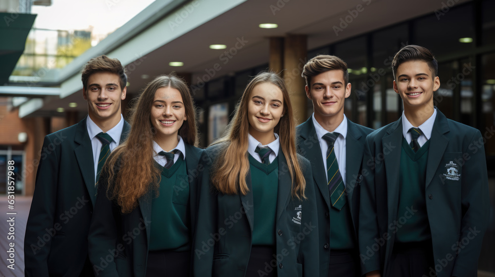 Group of private school students stand outside in uniform in front of the school building. Created with Generative AI technology. - obrazy, fototapety, plakaty 