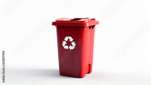 photograph of A Red recycle bin with recycle symbol isolated on white background telephoto lens realistic studio lighting.generative ai