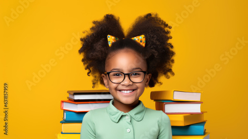 Smiling schoolgirl stands with books on a yellow background. Created with Generative AI technology.