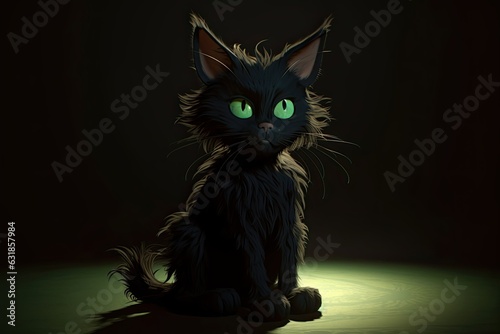 Sweet evil. Fairytale black cat character. Mystical cat with green eyes on a black background.