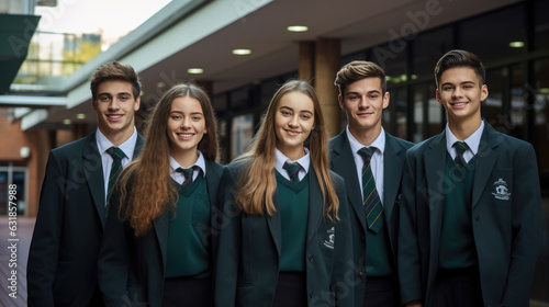 Group of private school students stand outside in uniform in front of the school building. Created with Generative AI technology.