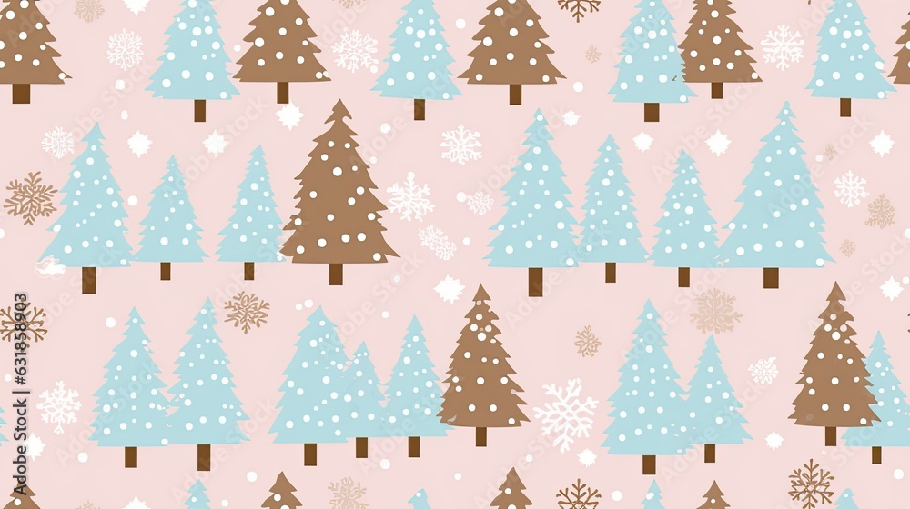 Christmas trees seamless pattern in the style of light brown and sky-blue on pink background Christmas trees seamless pattern in the style of light brown and sky-blue on pink background