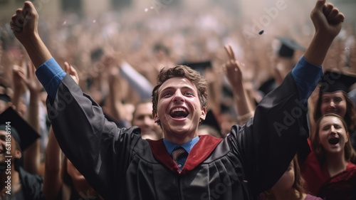 photograph of A young man student hands up celebrating university graduate. telephoto lens realistic natural lighting © JKLoma