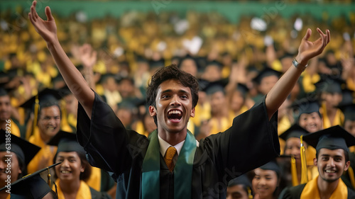 photograph of A young man student hands up celebrating university graduate. telephoto lens realistic natural lighting