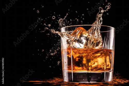 Glass of whiskey with ice with splashes. Black background. Splashes and drops of whiskey fly from the glass in different directions.