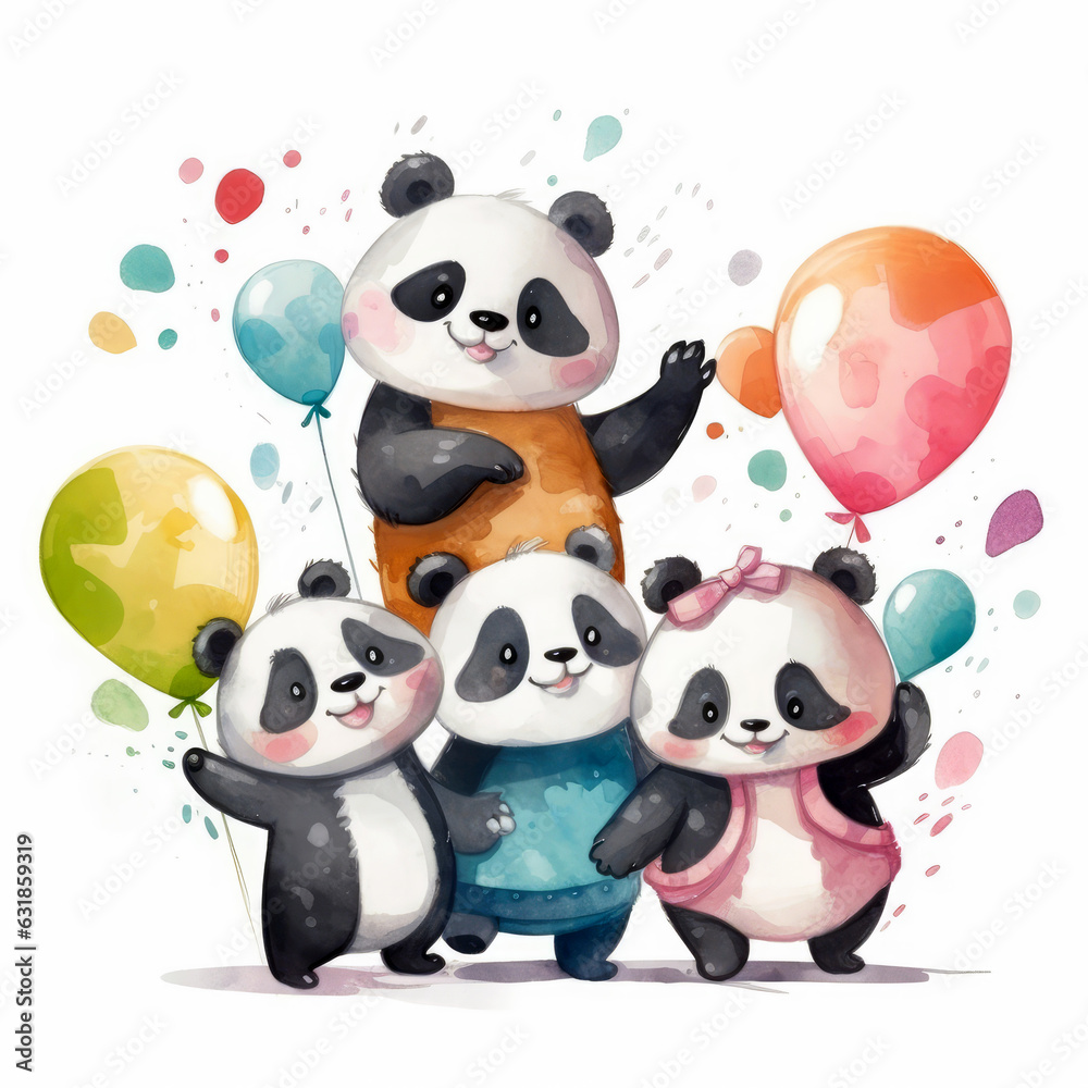 Naklejka premium Cute pandas watercolor illustration on white background. Generative AI
