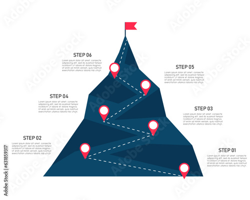 mountain infographic step success on white background. stair business mission concept. vector illustration flat design. mountain infographic 6 element with red flag on top.