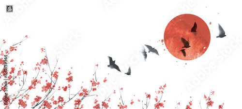 Sakura tree in bloom, big red sun and flock of birds in the sky. Traditional oriental ink painting sumi-e, u-sin, go-hua. Translation of hieroglyph - sakura bloom