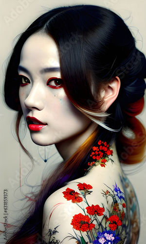 beautiful caucasian woman tattooed her back morden design 