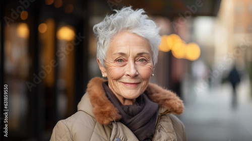 Portrait of an elderly woman smiling at the camera.