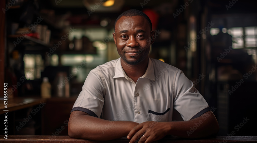 African business owner sitting in his cafe. African business owner sitting in his cafe.