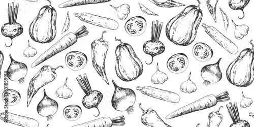 Seamless pattern with vegetables. Black and white background with zucchini, peppers, peas, tomatoes, carrot, beetroot, pumpkin, garlic, onion. Engraving style.
